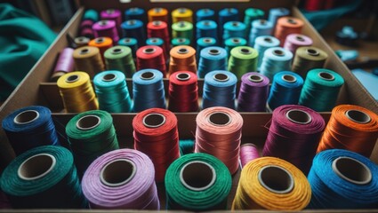 Colorful spools of sewing thread arranged in a box