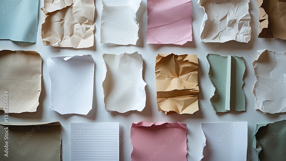 Poster collection of different torn pieces of paper on white background. each one is photographed individua