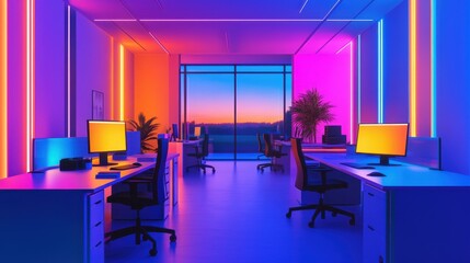 Fototapeta premium Modern office interior with desks and computers, creative workspace layout, bold minimalism, startup growth, business startup concept