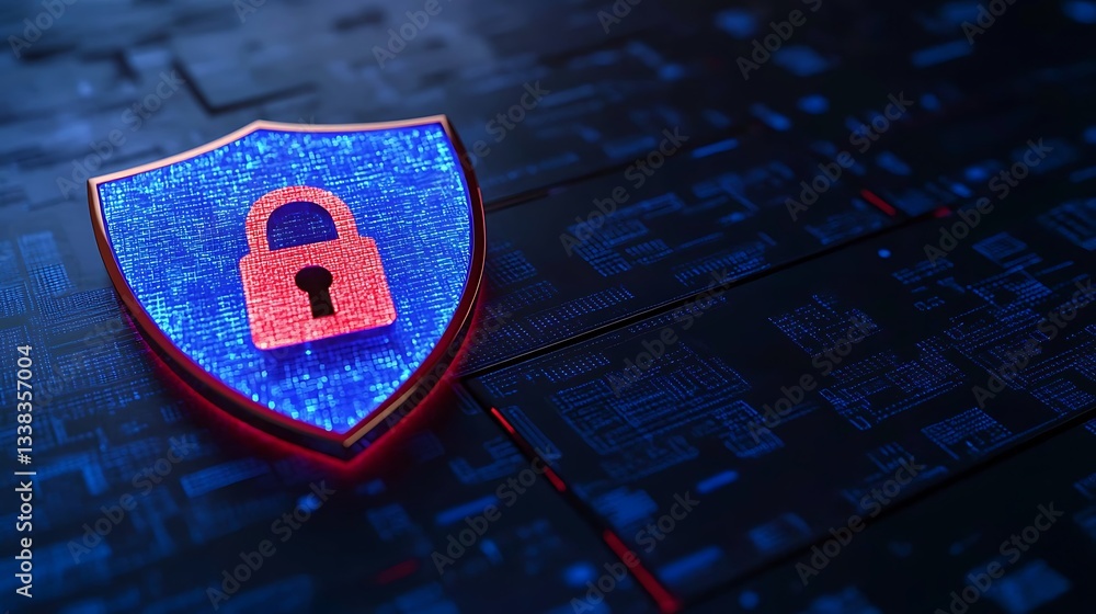 Poster digital shield symbol with lock on technological background representing cybersecurity concept
