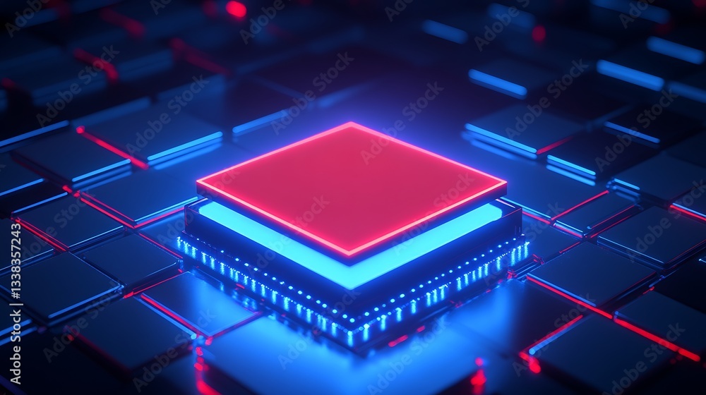 Poster futuristic abstract illustration of a digital microchip in neon colors with glowing elements and pat