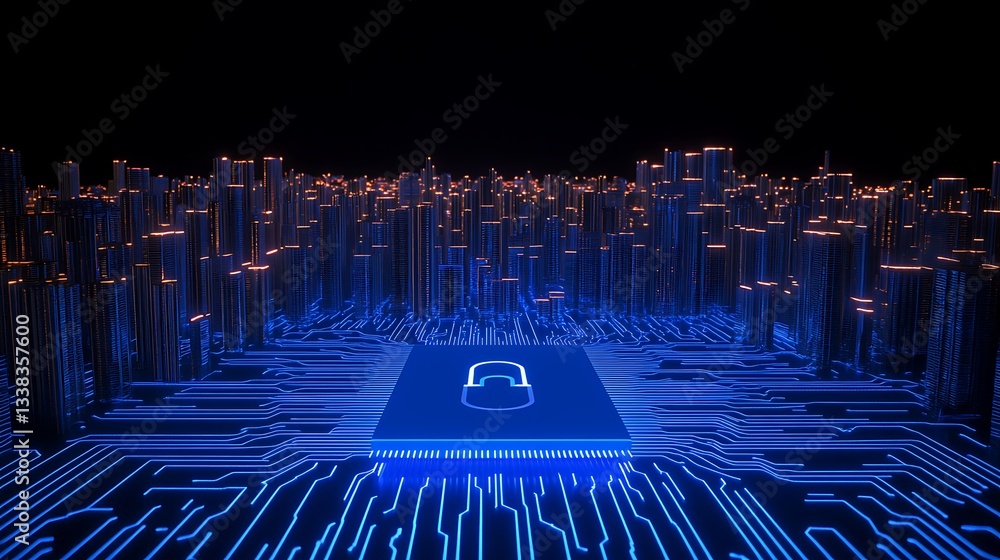 Poster futuristic cityscape with digital circuits and security lock symbolizing technology and data protect