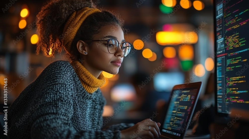 Poster A young woman is focused on her work at a dimly lit tech workspace, analyzing quantum principles such as superposition and entanglement for secure encryption and eavesdropping prevention.