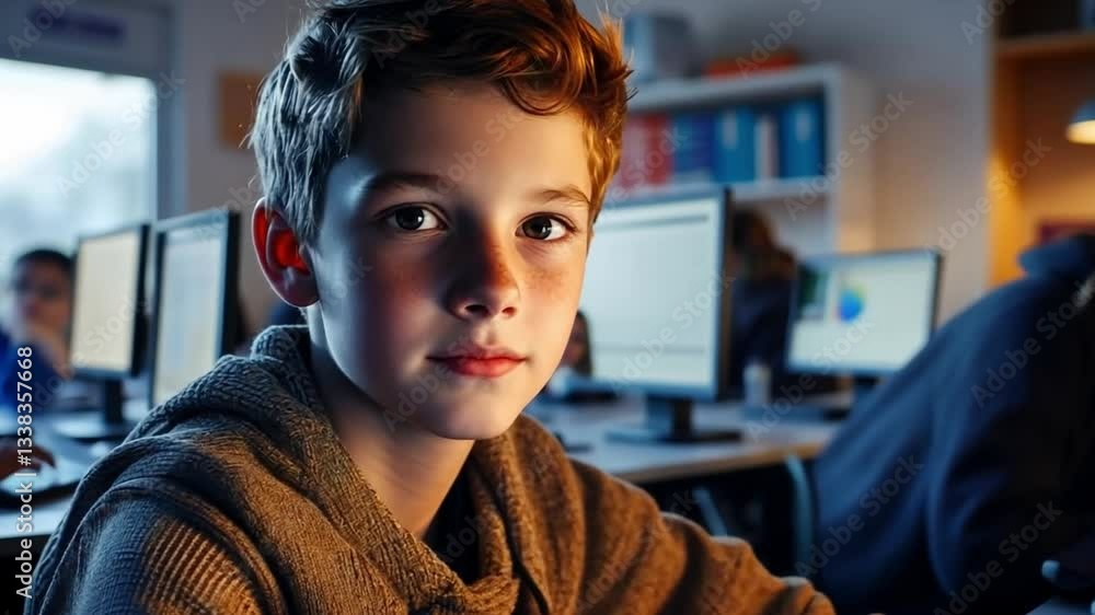 Poster the image showcases a boy engaged in his work at a computer. he is in a classroom filled with studen