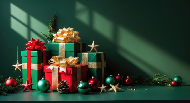 Copy-space for text. The idea of holiday decoration on a green background, featuring glass ornaments. Background.