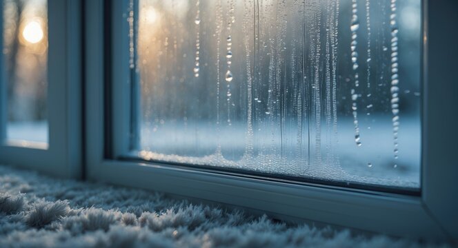 Close-up of double-glazed window door condensation resulting from excessive moisture in the home during winter, occurring when the seal between panes is compromised or the desiccant within the wind...