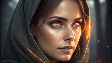 Naklejka premium Mystical Gaze: A captivating portrait of a woman with enchanting glowing eyes, enveloped in a hooded garment, radiating a sense of mystery and ethereal beauty.