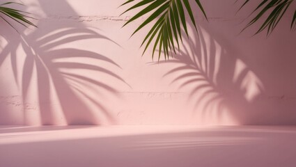 Empty palm shadow on pink color texture pattern of cement wall background. Used for online shop presentation of organic cosmetic products and business nature.