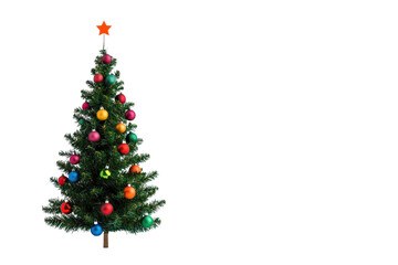 Fototapeta premium beautifully decorated Christmas tree with colorful ornaments and star on top, evoking festive and joyful holiday spirit