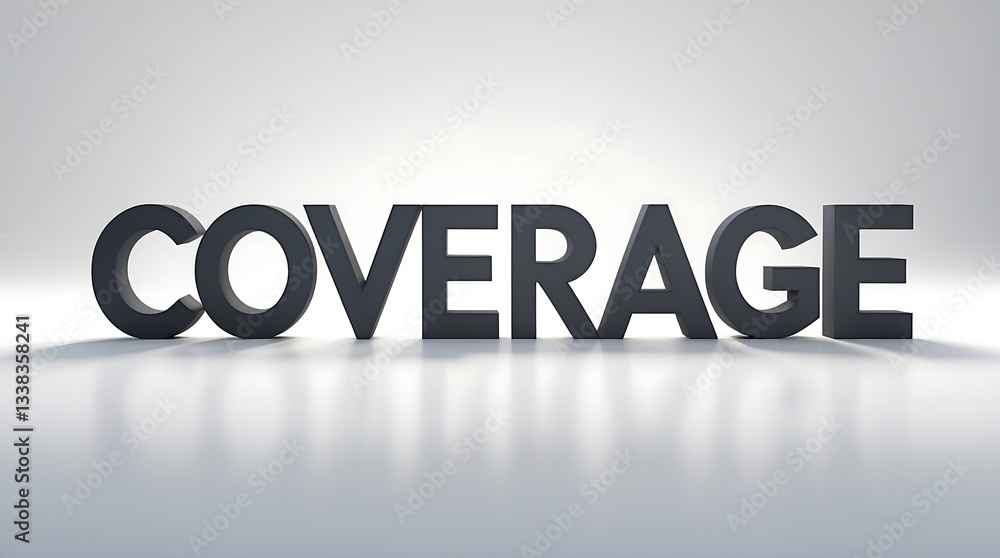 Poster large bold letters spelling coverage on a neutral background reflecting light for effect