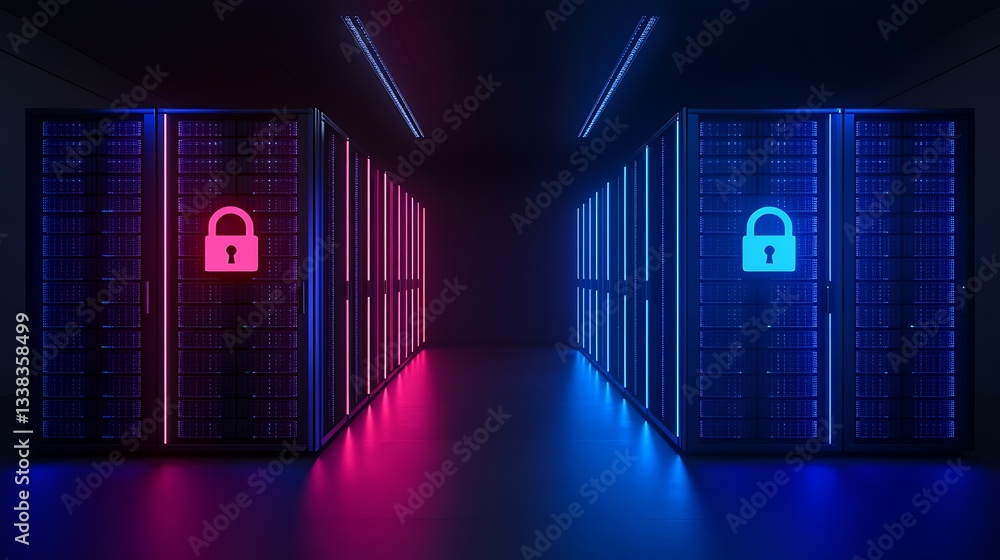 Poster futuristic data center with colorful light effects and security lock symbols illuminating server rac