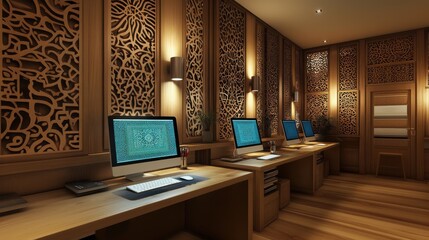 A designed office space with wooden desks and computers, stylish work environment, ornate design, Startup growth, Business Startup, collaborative workspace