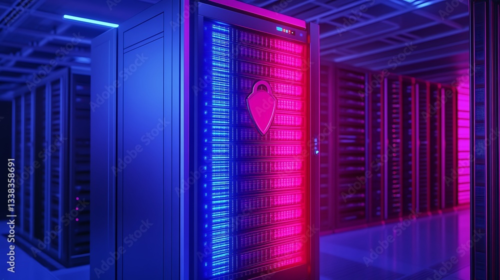 Poster futuristic data center with glow lights and lock symbol indicating cybersecurity and data protection