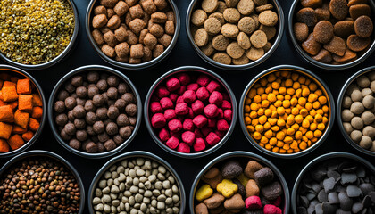 Variety of canned wet and dry packaged cat food arranged in metal bowls. Concept of pet nutrition, balanced diet, feline health, feeding routine, and quality ingredients. Top view