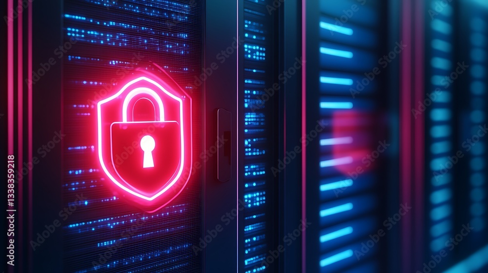 Poster futuristic data center with neon lock symbol indicating cybersecurity and data protection concepts