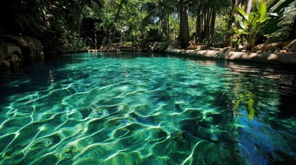 Naklejka premium An idyllic, clear pool water with no ripples, capturing the smooth, glass-like surface that reflects the surrounding tropical scenery.