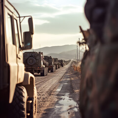 Fototapeta premium Military convoy maneuvering through desert landscape action scene strategic transport early morning tactical operations