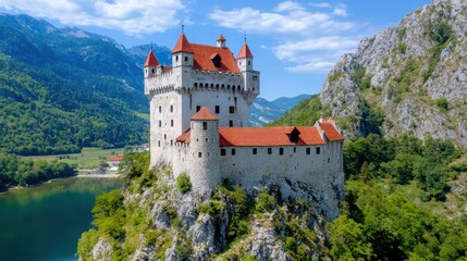 Naklejka premium Stunning Medieval Castle with Red Roofs Surrounded by Lush Nature and Majestic Mountains Under a Bright Blue Sky