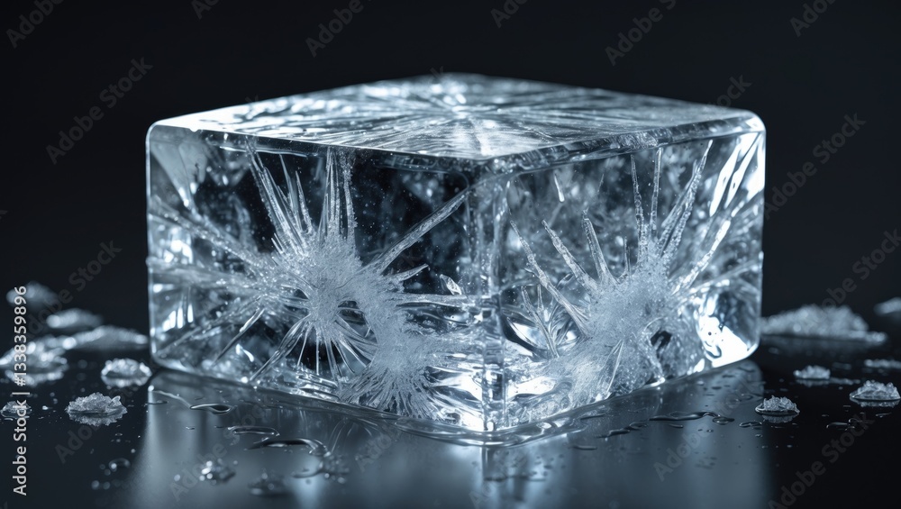 Poster Frosty textured natural ice block with cracks on a crystal clear mirroring surface.