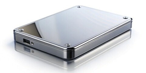 Sleek Metallic Hard Drive Mockup -  High-Resolution 3D Render for Tech Websites and Presentations