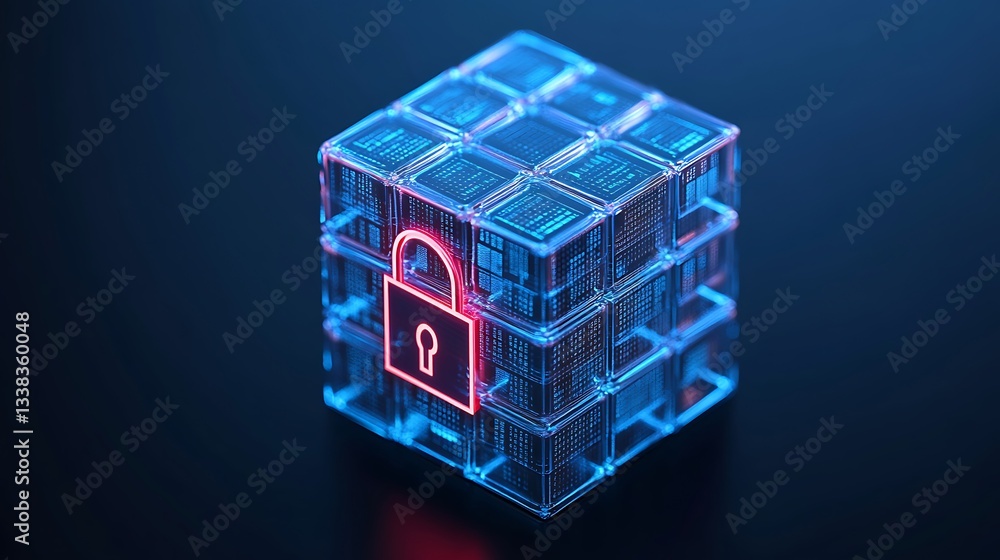 Poster futuristic data protection with digital cube and lock symbol in neon glow on dark background
