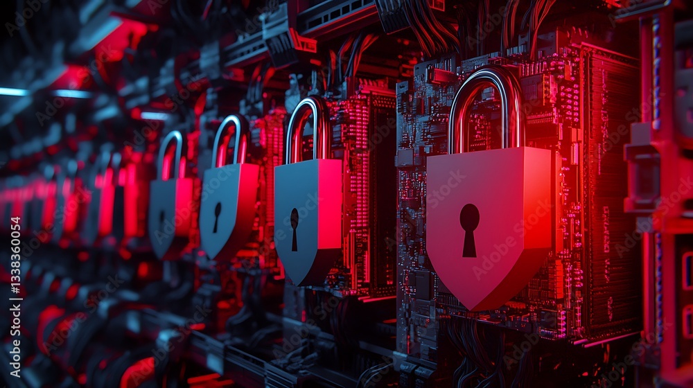 Poster futuristic data security concept with digital locks and circuit board background in red and blue lig