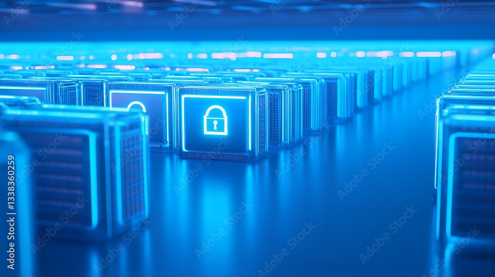 Poster futuristic data security concept with glowing lock icons in a digital environment