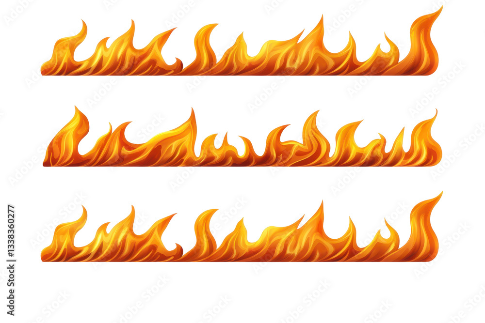 Poster three rows of realistic orange flames on transparent background, showcasing dynamic fire patterns an