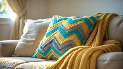 Cozy sofa with pillow and blanket beside the wall. Inspiration for living room interior design.