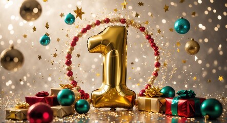Golden number 1 is soaring with confetti, gifts, mirror ball, and star balloons against a background of bokeh lights and sparks, creative idea. Concept.