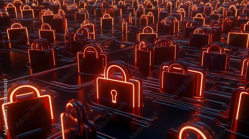Poster futuristic data security concept with neon locks and circuitry on a digital landscape