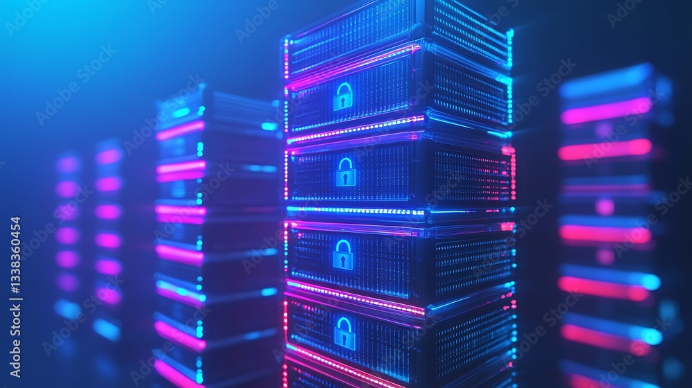Poster futuristic data server rack with neon lights and security symbols in modern data center environment