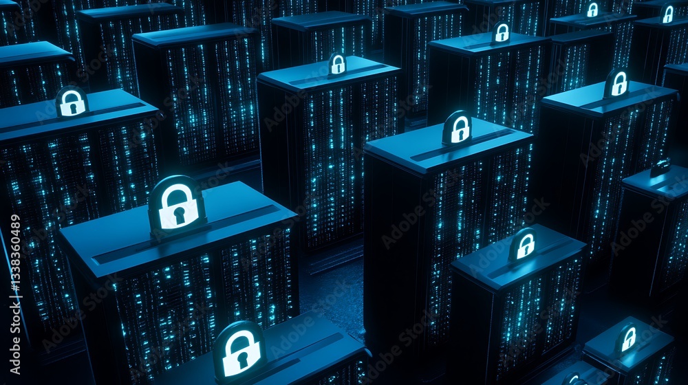 Poster futuristic data servers with lock icons representing cybersecurity and information protection strate