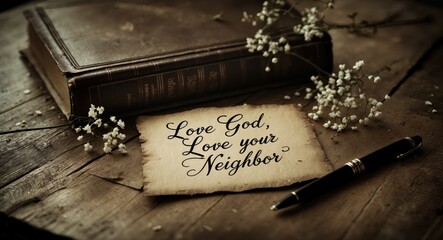 Handwritten text verse on vintage paper stating "Love God, love your neighbor," alongside a closed book and pen on a wooden table. Concept of faith and obedience to the greatest commandment.