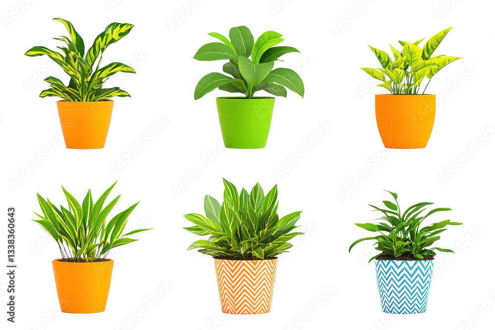 Poster collection of six vibrant potted plants in colorful pots, showcasing various leaf shapes and pattern