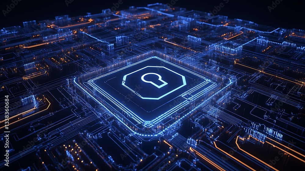 Poster futuristic digital circuit board with lock symbol representing cybersecurity and data protection con