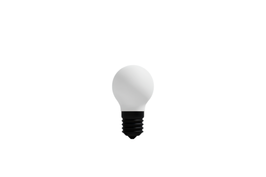 single light bulb with black base is centered on transparency background, symbolizing ideas and innovation