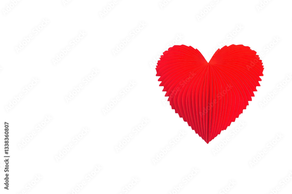 Poster vibrant red paper heart with pleated design stands out against plain transparency background, symbol