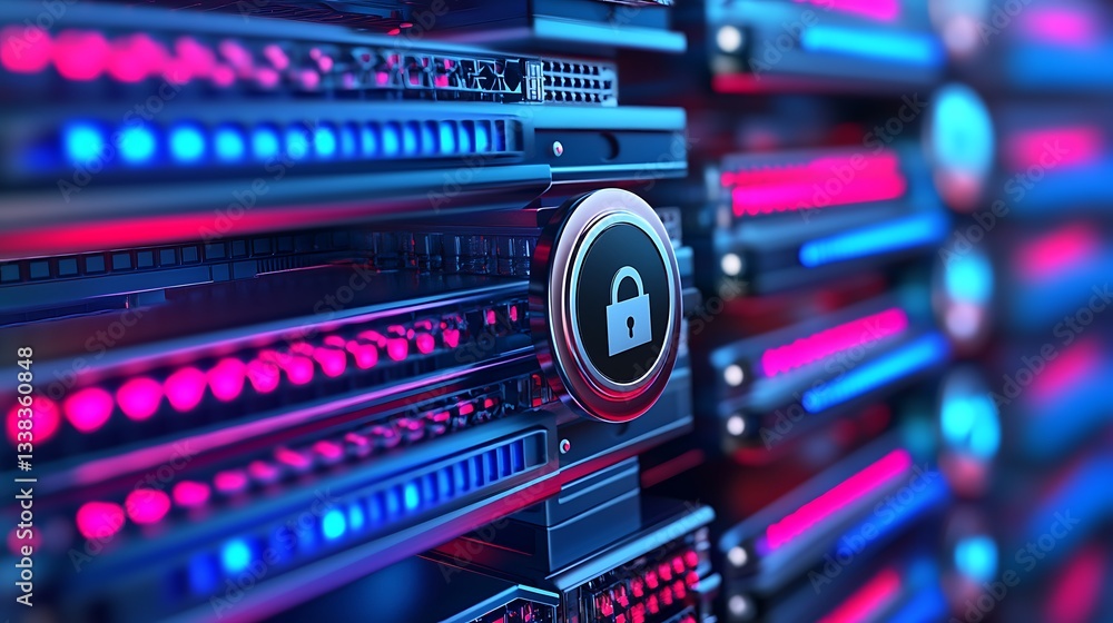 Poster futuristic digital data storage with lock symbol representing security and protection in modern tech