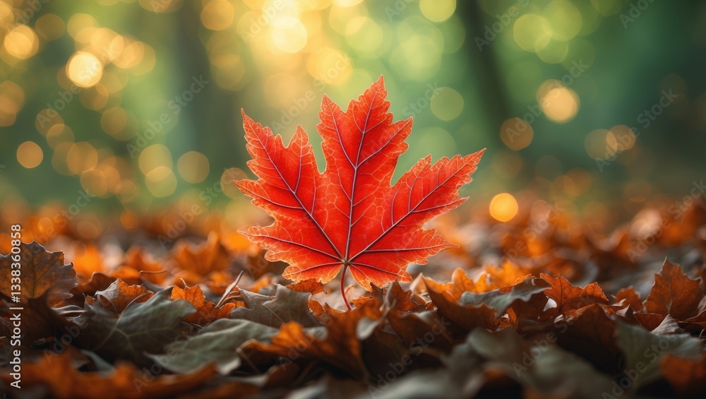 Poster horizontal macro image of red oak leaf in the foreground with space for text. the background feature