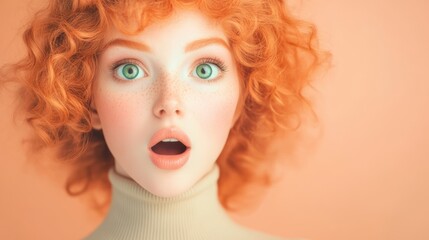 Obraz premium Irish woman with curly red hair and freckles in a beige turtleneck.