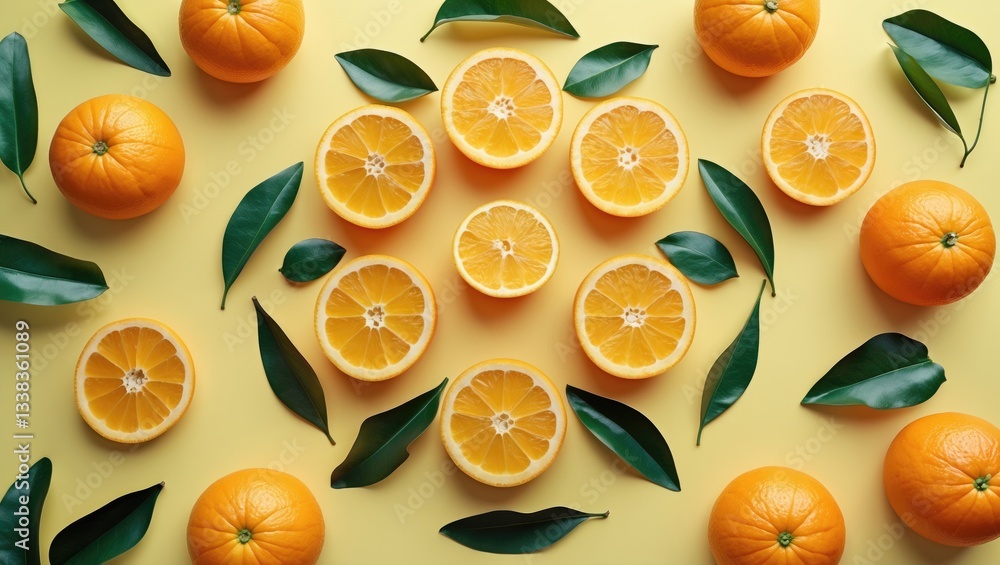 Poster creative summer design featuring oranges and green leaves on a soft yellow backdrop. minimal fruit c