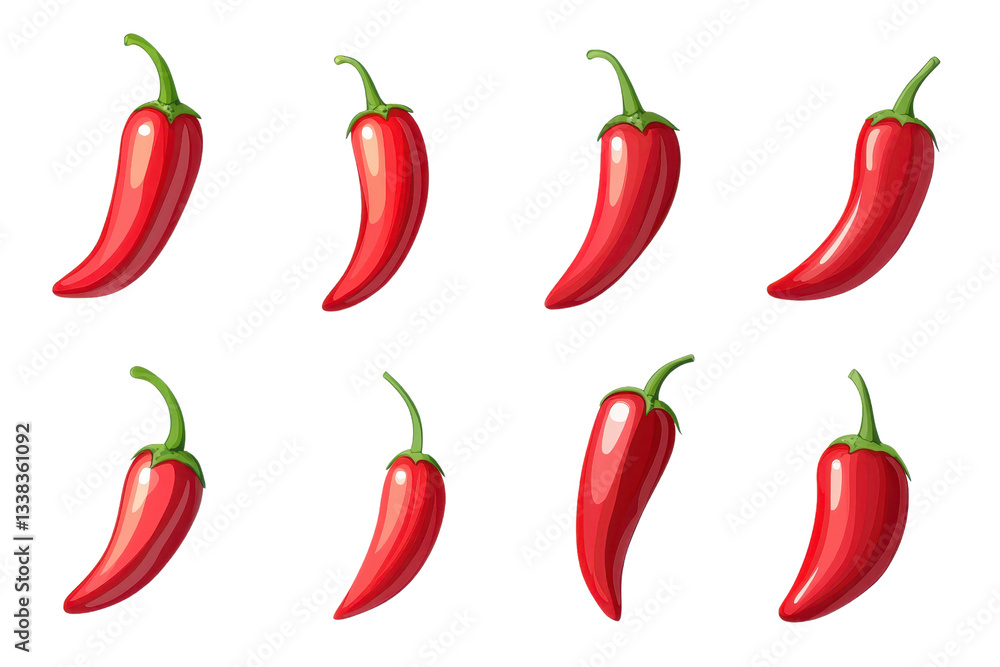 Poster red chili peppers with green stems are arranged in two rows on transparency background, showcasing t
