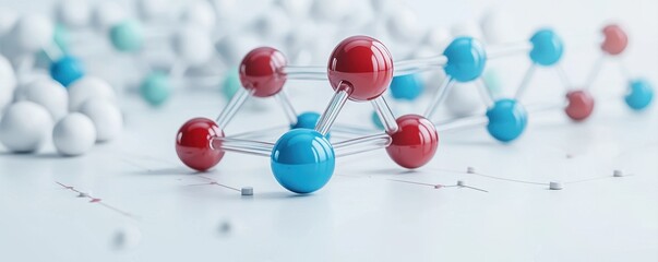 A colorful molecular structure with red, blue, and white spheres connected by transparent rods, representing chemical compounds in a modern, scientific setting.