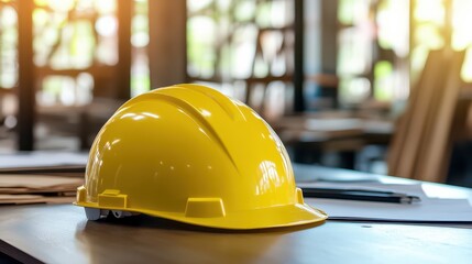 A yellow safety helmet placed on a desk, symbolizing workplace safety and office planning in a construction project or industrial setting.