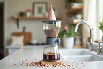 Obraz premium A modern coffee grinder stands on a sleek countertop, decorated with a birthday hat and confetti. The sign reads, 