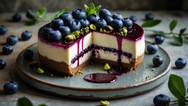 homemade cheesecake featuring blueberries and green pistachios