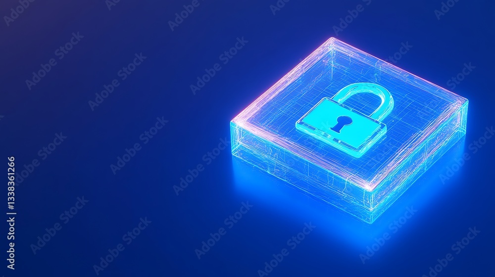 Poster futuristic digital lock concept with neon glow on a dark background for security and privacy themes