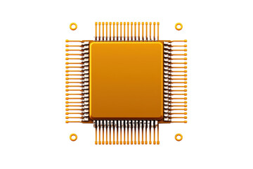 close up of gold microchip with numerous pins extending from its sides, isolated on transparency background. intricate design highlights complexity and precision of modern technology