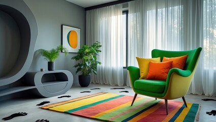 Modern interior featuring vibrant color block accents against a gray backdrop. An armchair with two colorful pillows is centrally positioned in the composition.